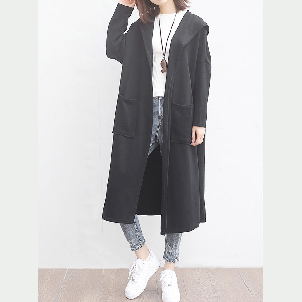 WW | Black Wool Outerwear Oversized Big Pockets Long Hooded Coats