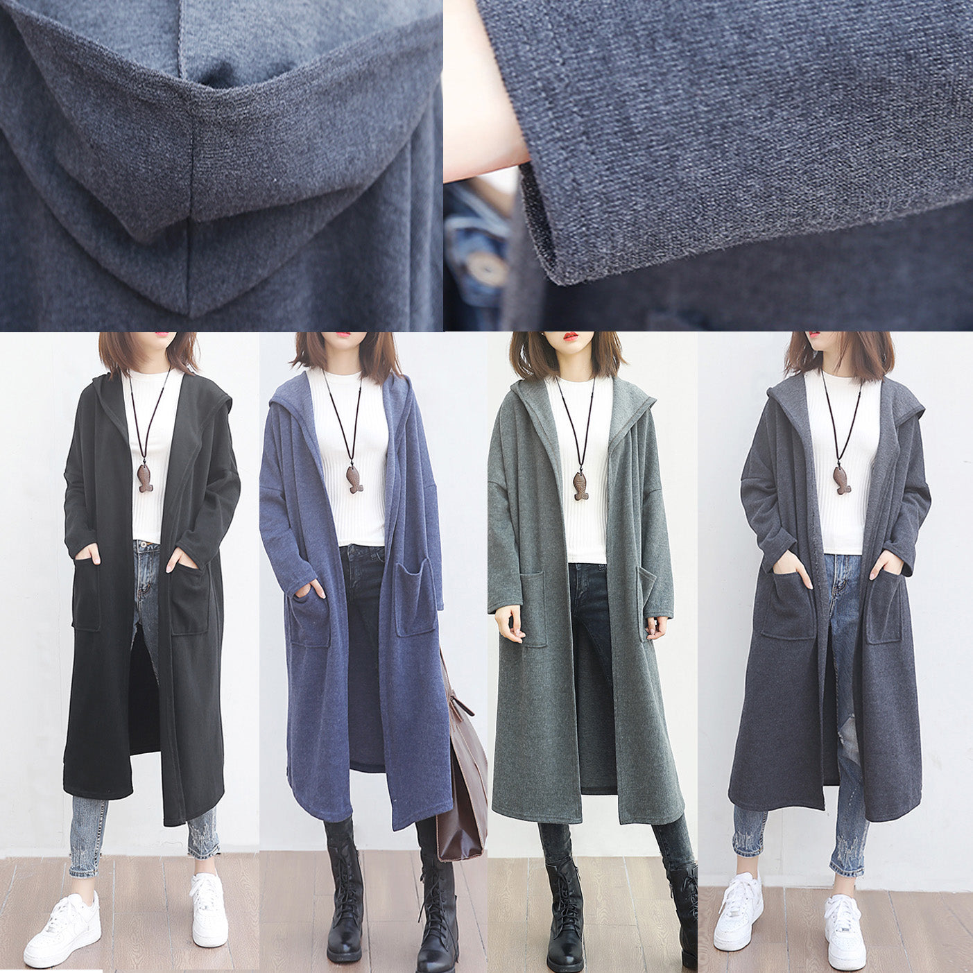 WW | Black Wool Outerwear Oversized Big Pockets Long Hooded Coats