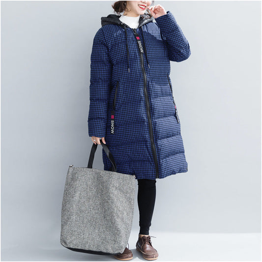 WW | blaue karierte Winterparkas Übergröße Kapuzen-Schneejacken Elegante dicke Wintermäntel