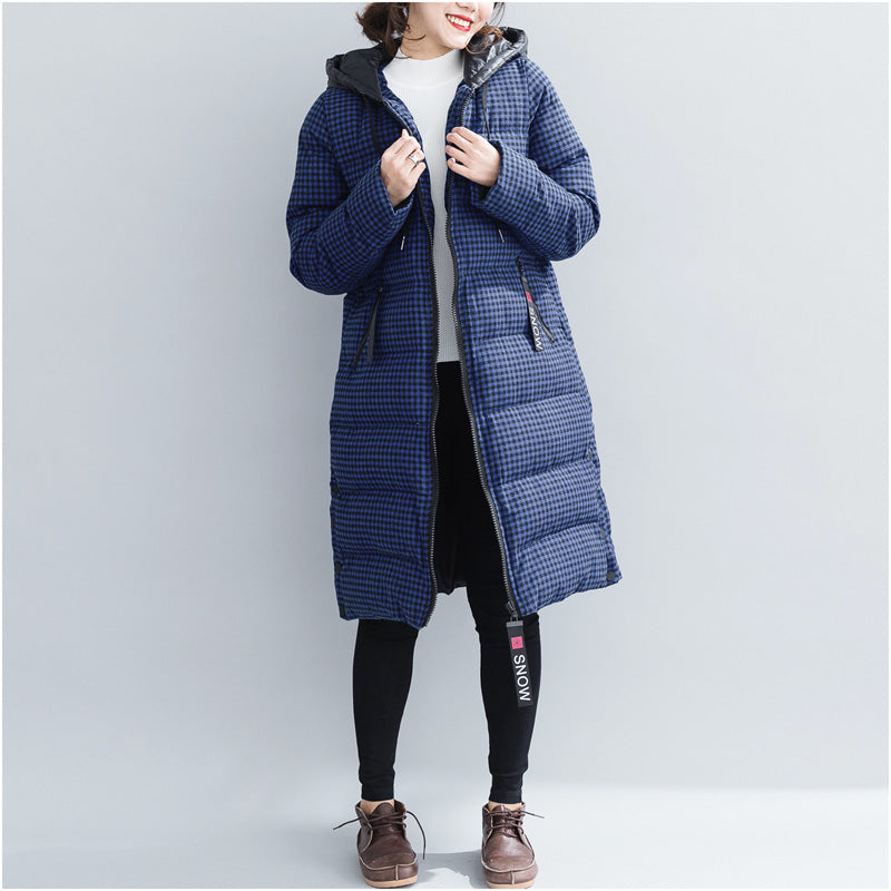 WW | Blue Plaid Winter Parkas Plus Size Hooded Snow Jackets Elegant Thick Winter Coats
