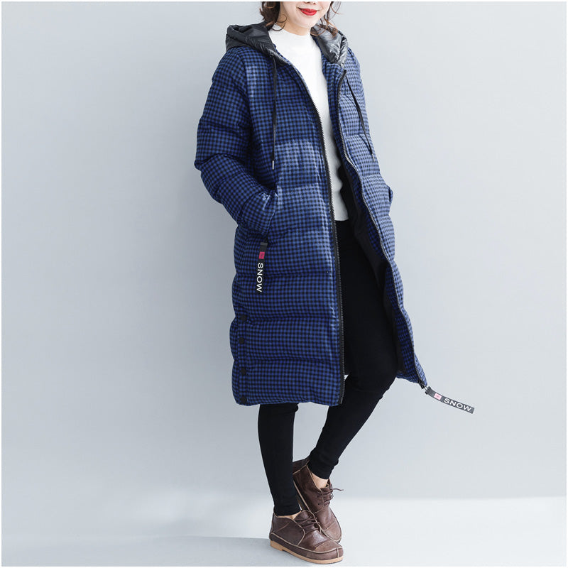 WW | Blue Plaid Winter Parkas Plus Size Hooded Snow Jackets Elegant Thick Winter Coats