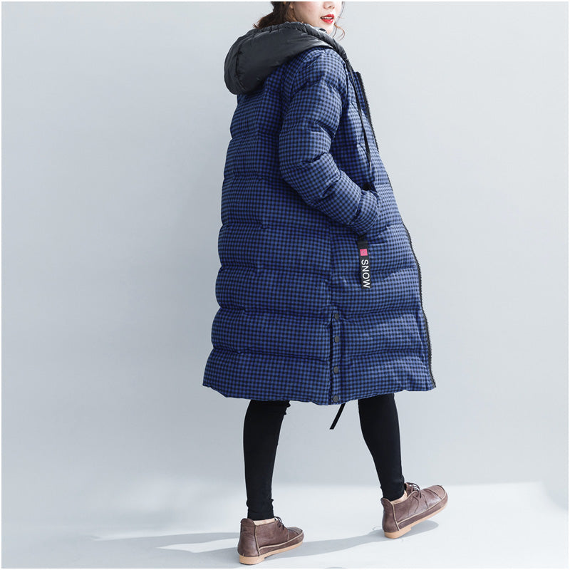 WW | blaue karierte Winterparkas Übergröße Kapuzen-Schneejacken Elegante dicke Wintermäntel