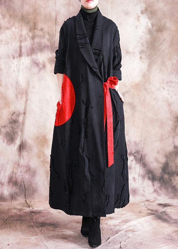 WW | Casual Women's Coats Black Notch Collar Tie Waist Overcoat