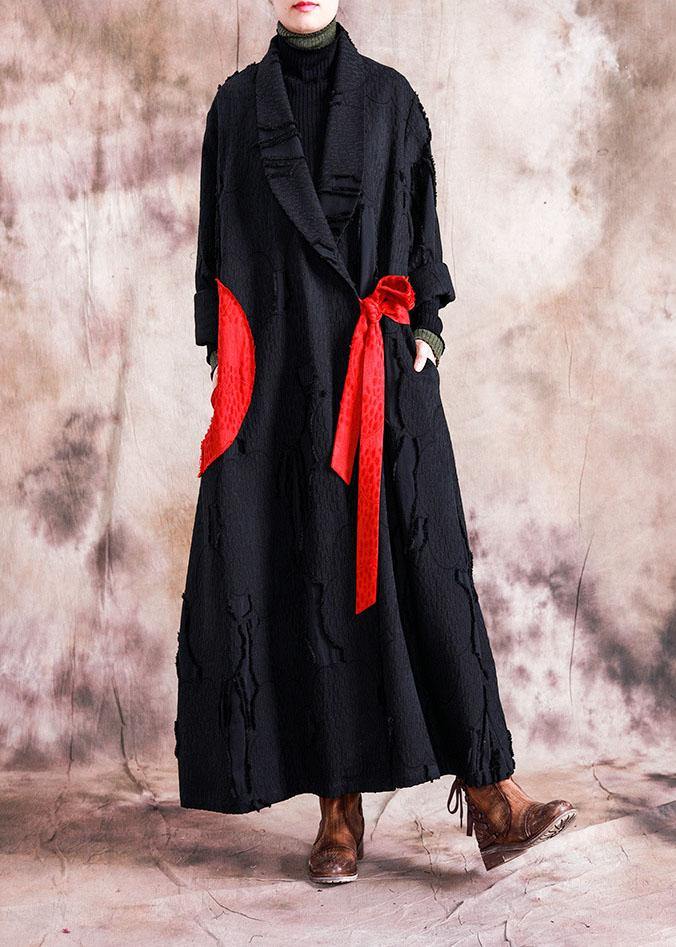 WW | Casual Women's Coats Black Notch Collar Tie Waist Overcoat