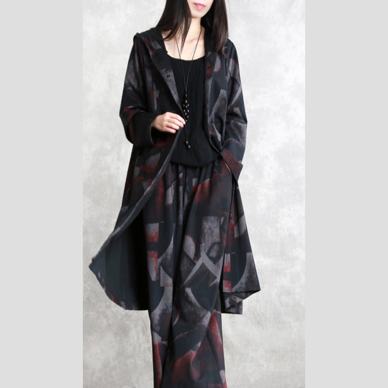 WW | Floral Dress Oversized Two Piece Hooded Pocket Coat Women Long Sleeve Long Coats Elastic Waistband Pants