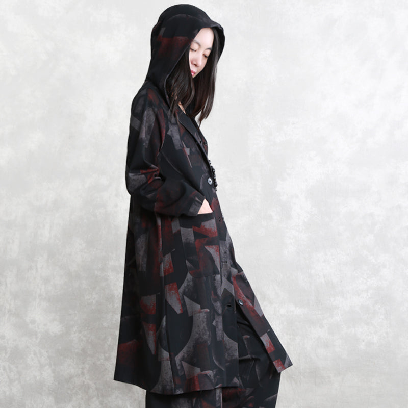 WW | Floral Dress Oversized Two Piece Hooded Pocket Coat Women Long Sleeve Long Coats Elastic Waistband Pants