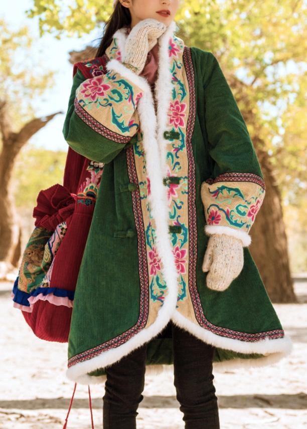WW | Green Winter Outerwear Plus Size Jackets & Coats Embroidery Chinese Button Coats