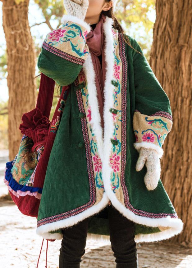 WW | Green Winter Outerwear Plus Size Jackets & Coats Embroidery Chinese Button Coats