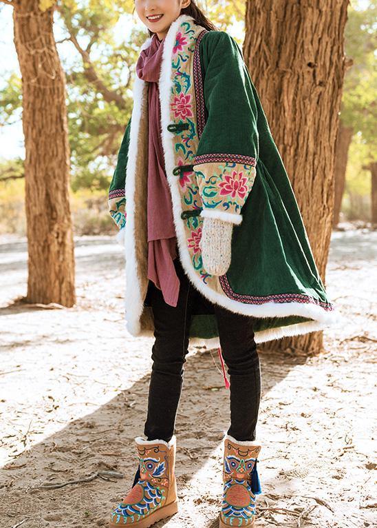 WW | Green Winter Outerwear Plus Size Jackets & Coats Embroidery Chinese Button Coats