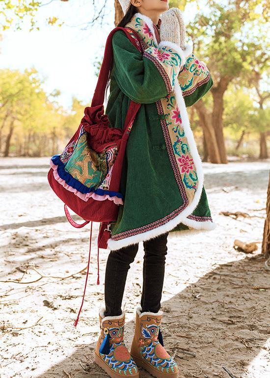 WW | Green Winter Outerwear Plus Size Jackets & Coats Embroidery Chinese Button Coats