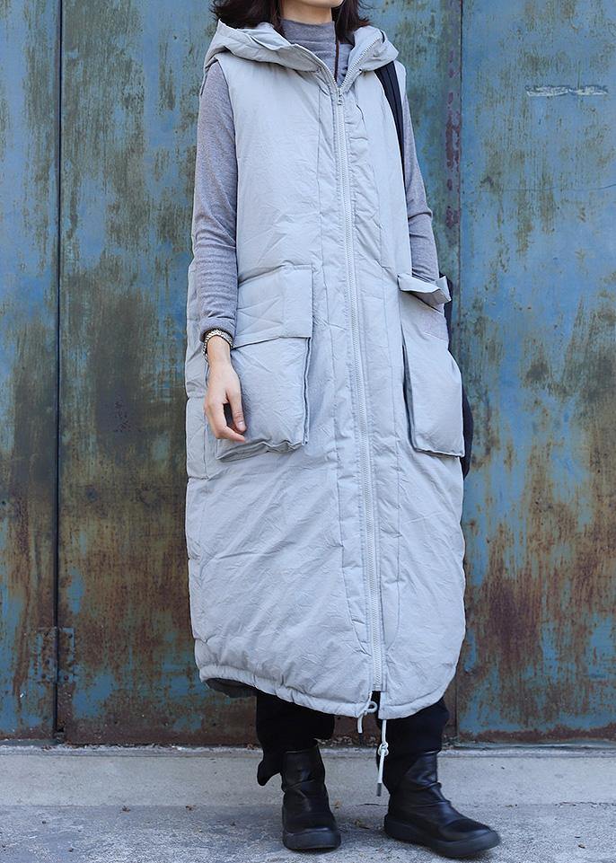 WW | Light Gray Sleeveless Winter Parkas Oversized Hooded Jackets & Coats with Large Pockets
