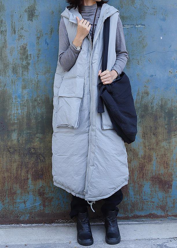 WW | Light Gray Sleeveless Winter Parkas Oversized Hooded Jackets & Coats with Large Pockets