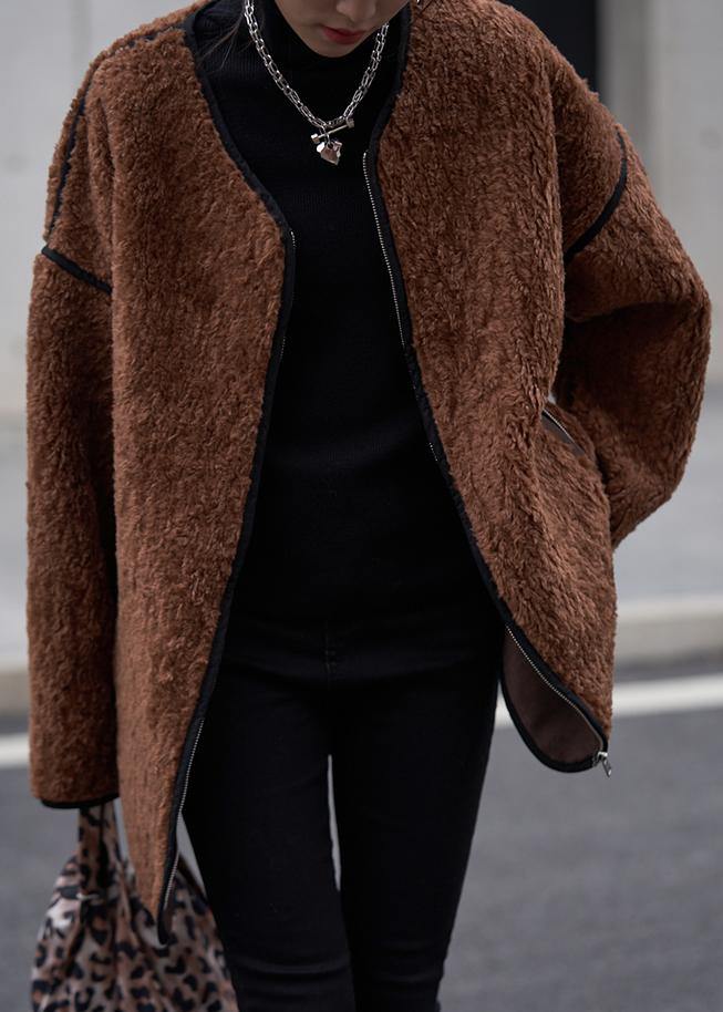 WW | Women's Chocolate O-Neck Zipper Wool Coat