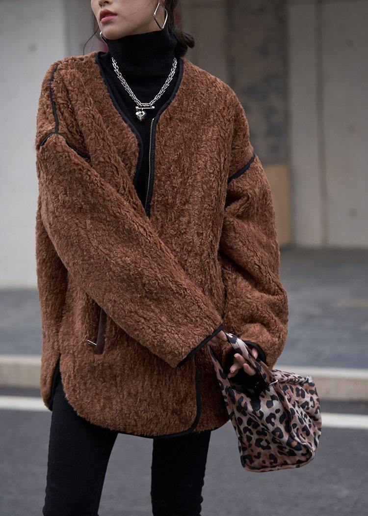 WW | Women's Chocolate O-Neck Zipper Wool Coat