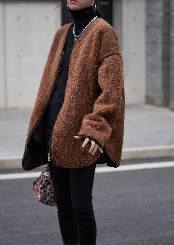 WW | Women's Chocolate O-Neck Zipper Wool Coat