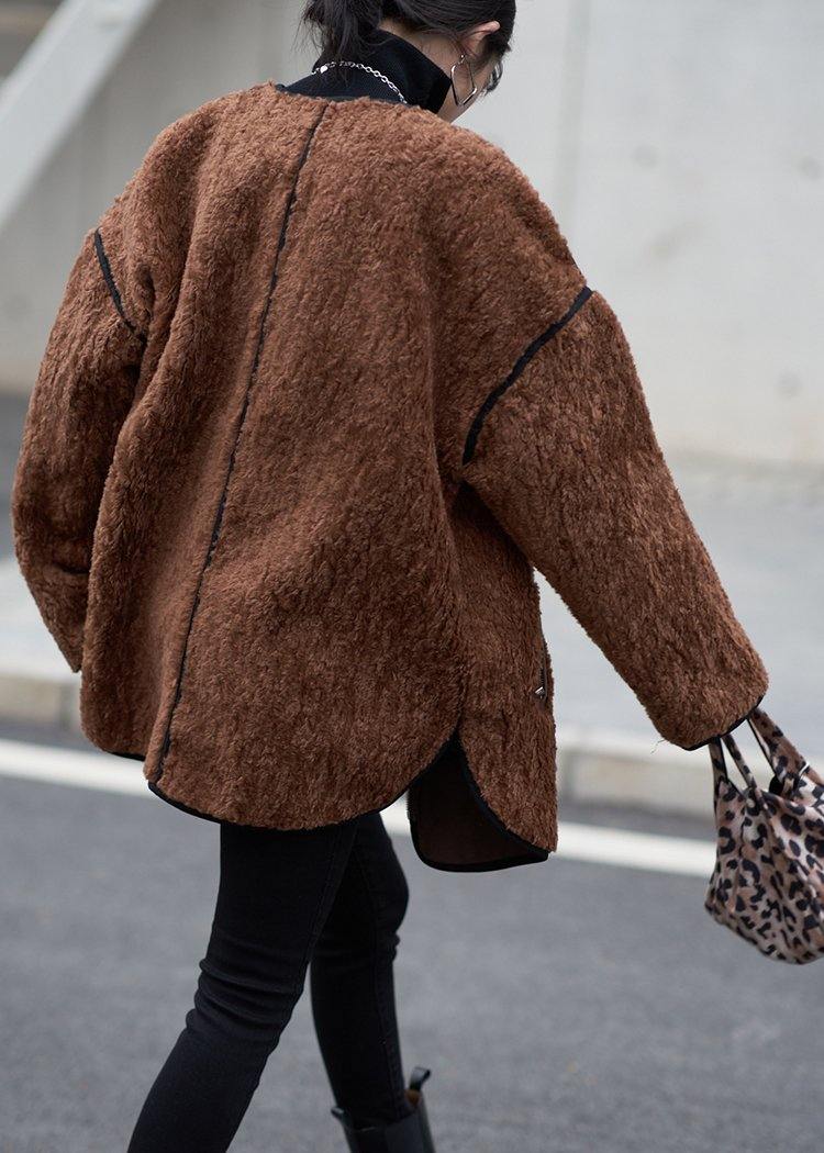WW | Women's Chocolate O-Neck Zipper Wool Coat