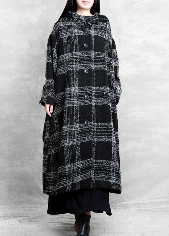 WW | Plus-Size-Bekleidung Wintermantel Überbekleidung schwarzes Karomuster mit Kapuze Patchwork Wollmäntel