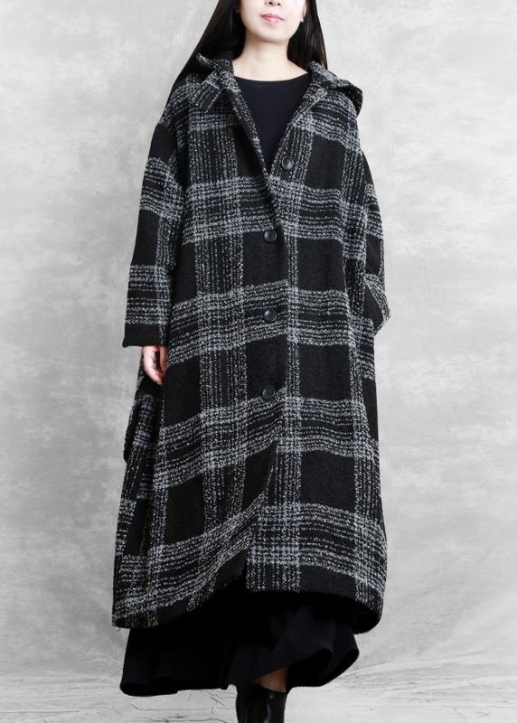 WW | Plus-Size-Bekleidung Wintermantel Überbekleidung schwarzes Karomuster mit Kapuze Patchwork Wollmäntel