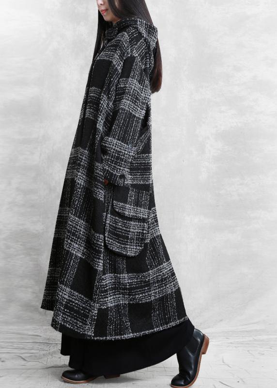 WW | Plus-Size-Bekleidung Wintermantel Überbekleidung schwarzes Karomuster mit Kapuze Patchwork Wollmäntel