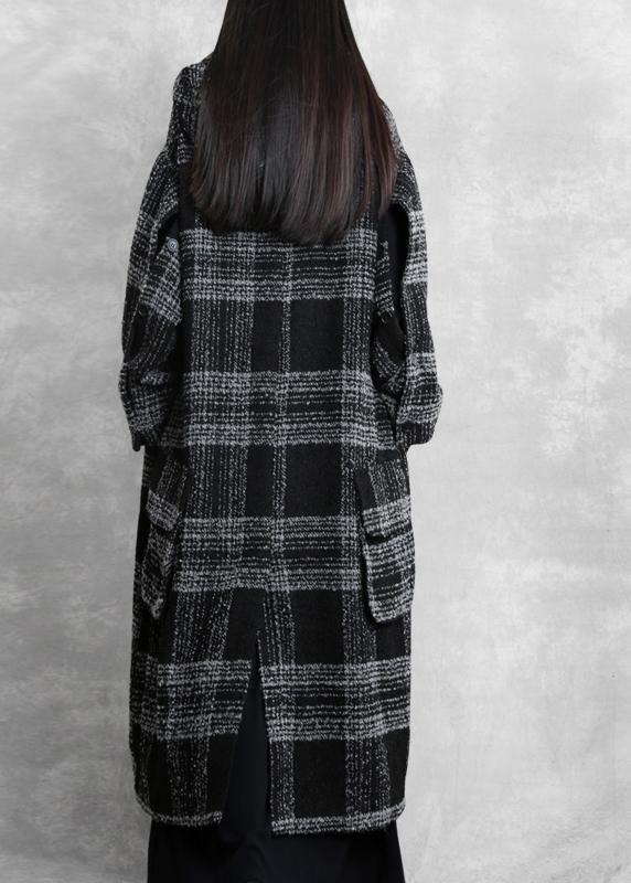 WW | Plus-Size-Bekleidung Wintermantel Überbekleidung schwarzes Karomuster mit Kapuze Patchwork Wollmäntel