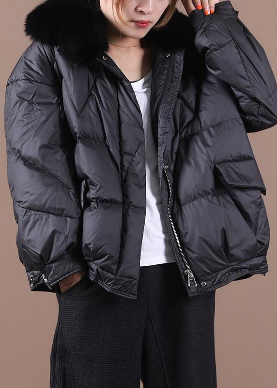 WW | Size down coats black-green fur collar zipper hooded down jacket women's