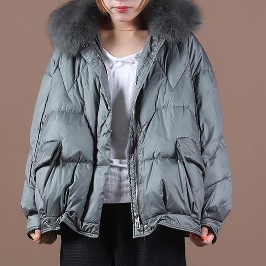 WW | Size down coats black-green fur collar zipper hooded down jacket women's