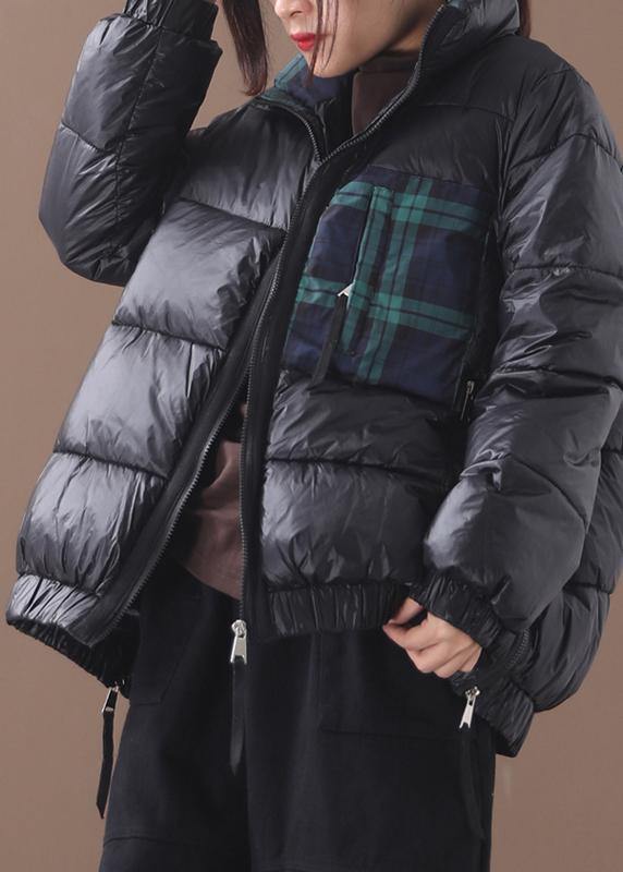 WW | Plus-Size Daunenjacke Patchwork Karo Mäntel Schwarz Winter Seitenreißverschluss Warmer Wintermantel