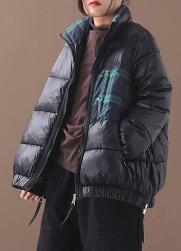 WW | Plus-Size Daunenjacke Patchwork Karo Mäntel Schwarz Winter Seitenreißverschluss Warmer Wintermantel
