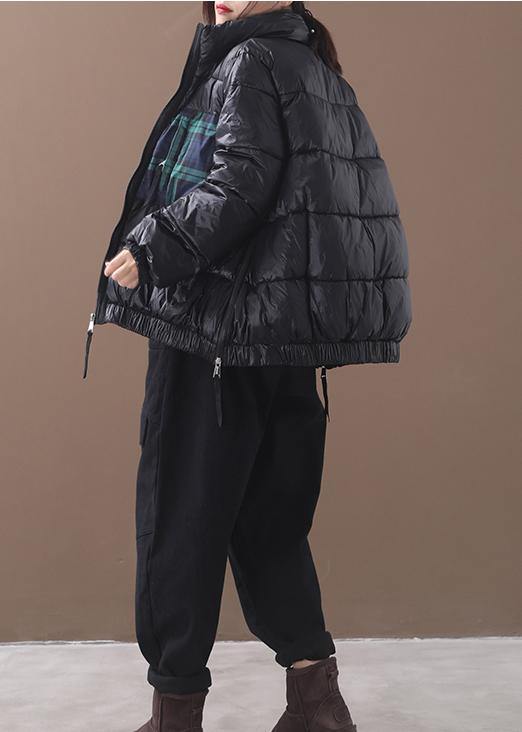 WW | Plus-Size Daunenjacke Patchwork Karo Mäntel Schwarz Winter Seitenreißverschluss Warmer Wintermantel