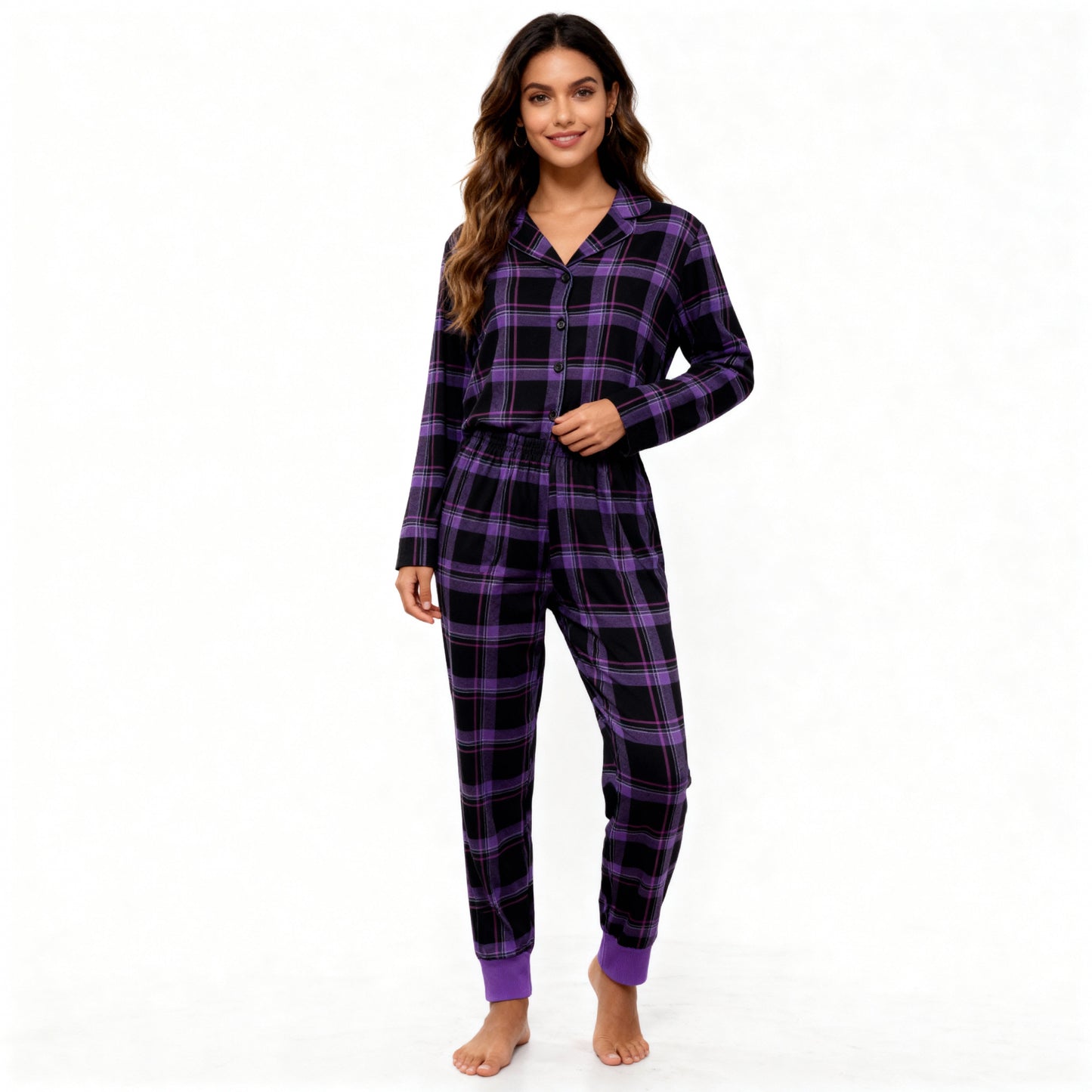 WW | Christmas Purple Plaid Button-Front Pajamas Family Pajama Sets