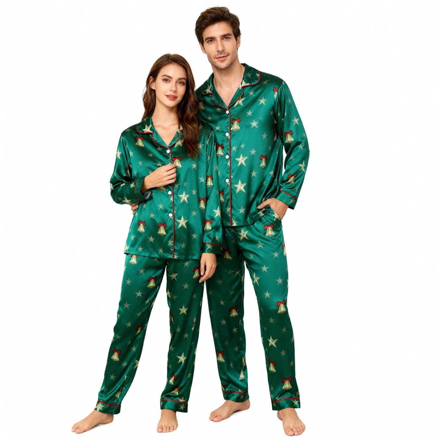 WW | Feiertagsfamilie Button-Down Grünes Satin Weihnachts-Pyjama-Set