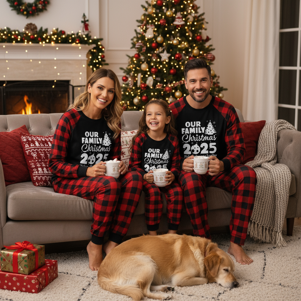 WW | Christmas Tree & "2025 Making Memories Together" Patterned Contrast Top and Black-Red Plaid Pants Family Matching Pajama Set