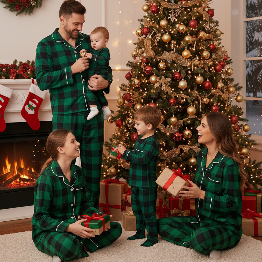 WW | Weihnachten Familie Passende Grüne Karierte Knopf-Down Lange Ärmel Pyjama Sets