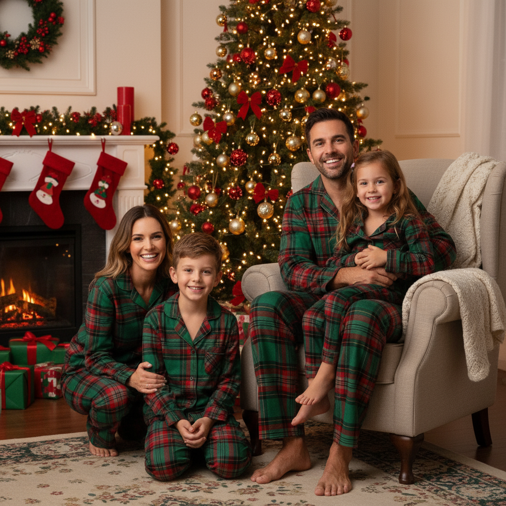 WW | Feiertagsfamiliengrüne Karomuster-Weihnachtspyjama-Set