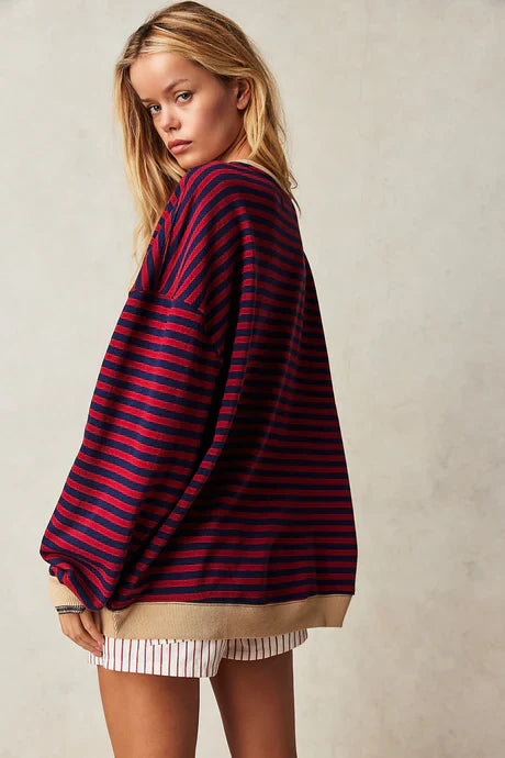Helen Striped Oversized Sweater with Coastal Charm - Black / Red