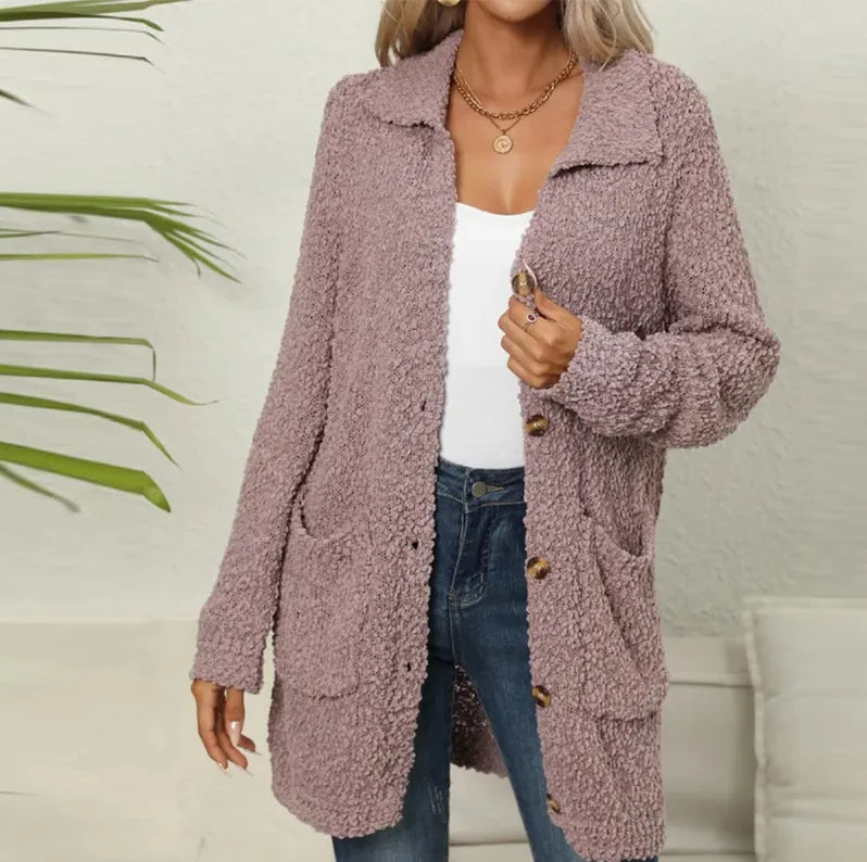 WW | Langer Strick-Westen für Damen aus weichem Fleece mit Taschen