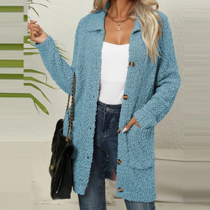 WW | Langer Strick-Westen für Damen aus weichem Fleece mit Taschen