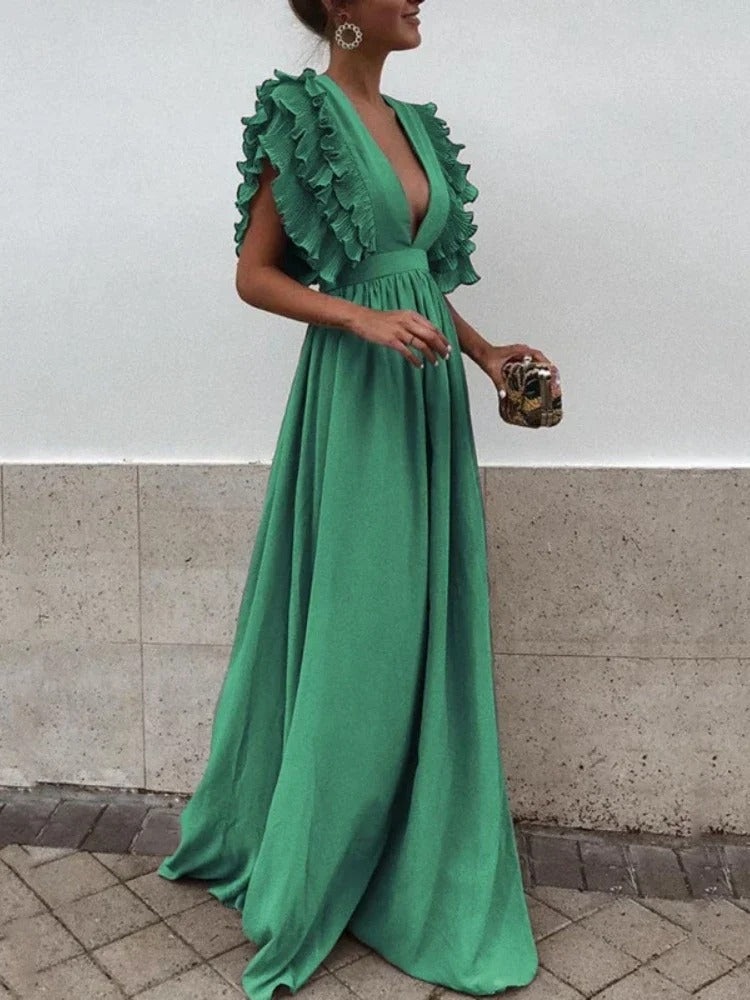 WW | Elegantes Kleid mit V-Ausschnitt und Rüschensäumen
