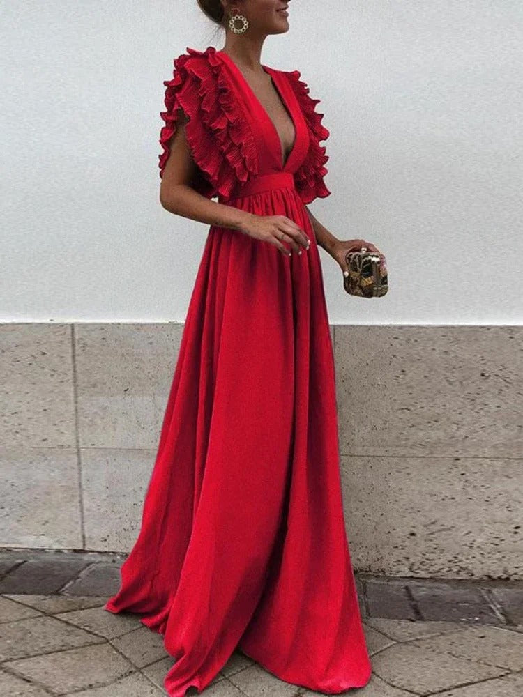 WW | Elegantes Kleid mit V-Ausschnitt und Rüschensäumen