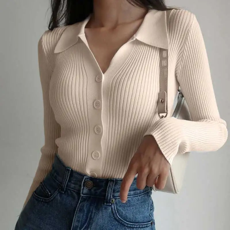 WW | Women's Elegant Knitted Stretch Polo Sweater