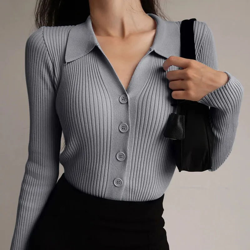 WW | Women's Elegant Knitted Stretch Polo Sweater