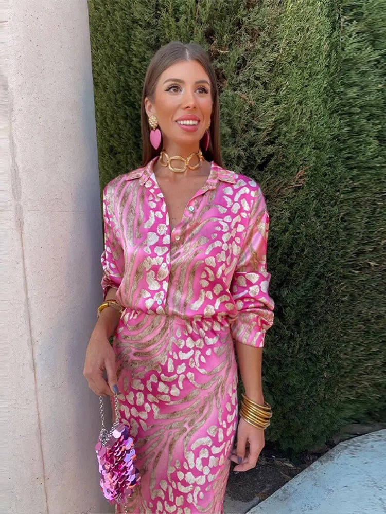 WW | Kleid Set - Damen - Eleganter Sommerstil mit Luxuriösem Muster - Lange Ärmel