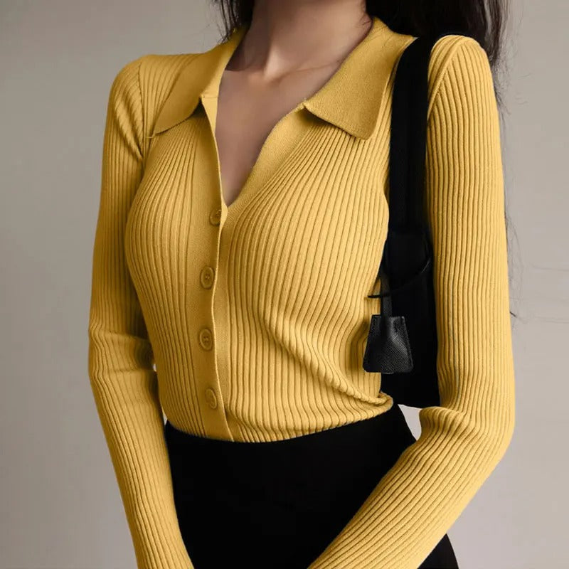 WW | Women's Elegant Knitted Stretch Polo Sweater