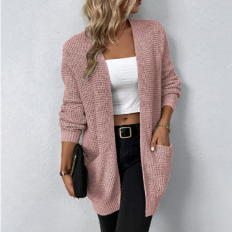 WW | Strickjacke Strick Waffelmuster Offene Vorderseite Mit Taschen Langarm Komfort