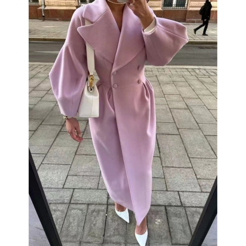 WW | Frauen Langer Wollmix Doppelreiher Mit Gürtel Elegante Puffärmel