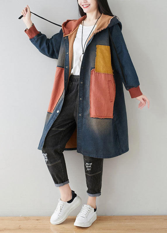 WW | Blue Pockets Patchwork Hooded Coats