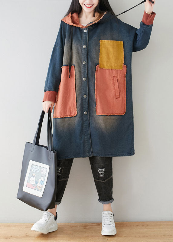 WW | Blue Pockets Patchwork Hooded Coats
