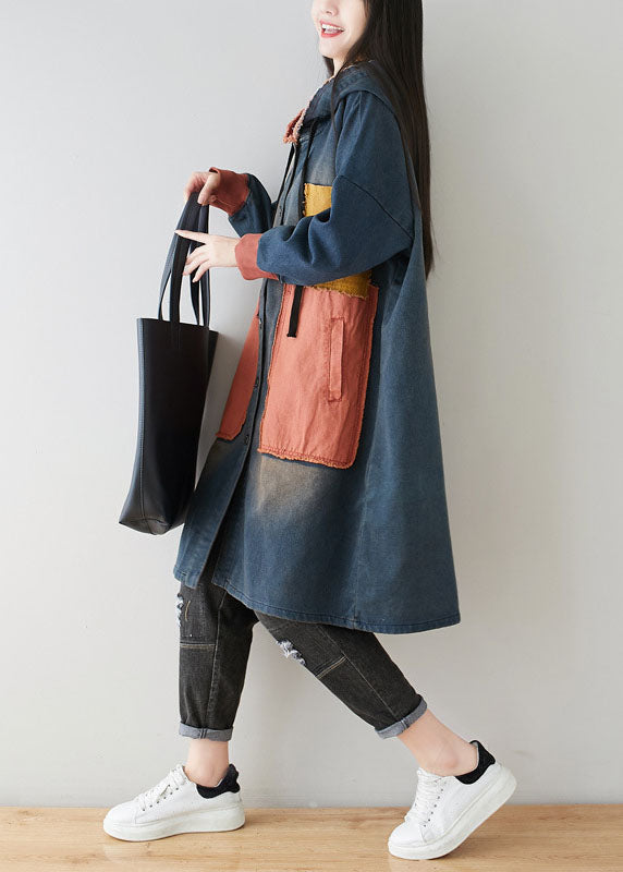 WW | Blaue Taschen Patchwork Kapuzenmäntel
