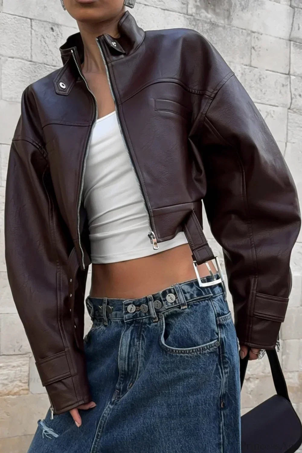 WW | Biker Stehkragen Reißverschluss Lederjacke