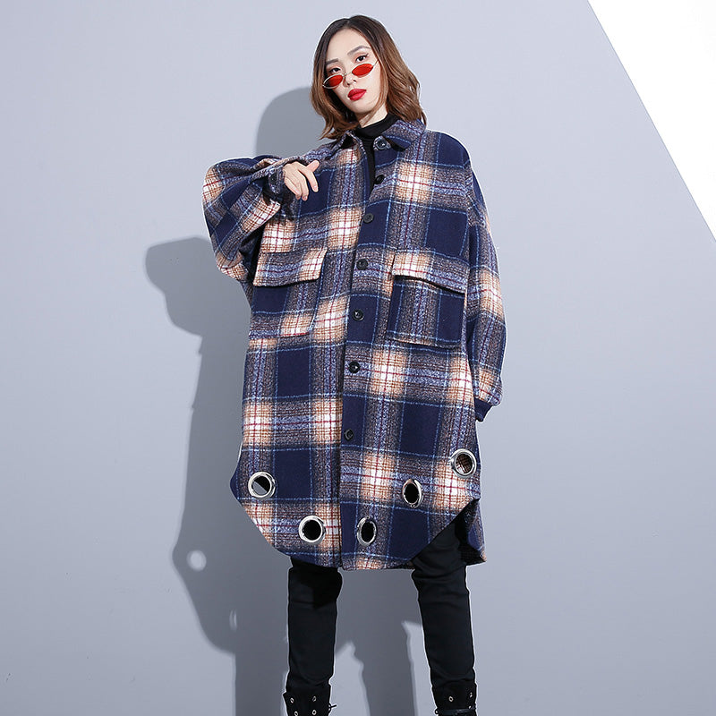 WW | Blue Plaid Plus Size Collared Winter Coat Boutique Pocket Coat